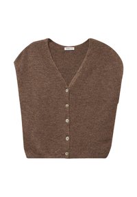 Cardigan en tricot marron avec un décolleté en V, des manches courtes et six boutons clairs sur le devant. Texture douce et coupe ample.