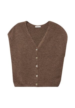 Bruine gebreide cardigan met een V-hals, korte mouwen en zes lichte knopen aan de voorkant. Zachte textuur en een losse pasvorm.