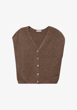 Cardigan en tricot marron avec un décolleté en V, des manches courtes et six boutons clairs sur le devant. Texture douce et coupe ample.