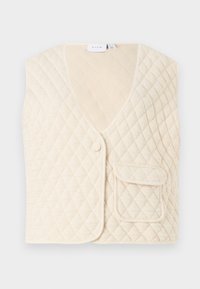 Chaleco acolchado en beige claro con escote en V, cierre a presión y un bolsillo frontal. Presenta un diseño de costura en forma de rombos y una textura suave.