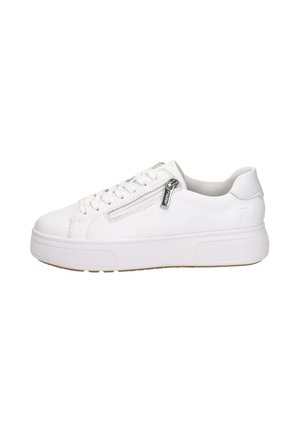 White low-top sneaker with thick sole, side zipper, laces, and padded collar, shown from the outer side on a white background.