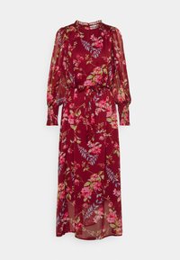 Vestido longo floral vermelho feito de tecido leve, apresentando mangas longas transparentes, um decote alto e um laço na cintura para uma silhueta ajustada.