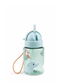 Lapse poolik läbipaistvast veepudelist sinise kaane ja joogihambaga, millel on elevandi ja tuulelohe kujundus ning oranž kandmisrihm.