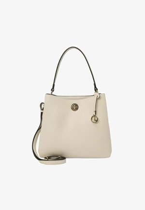 Borsa a tracolla in pelle beige con una forma strutturata, tracolla removibile e dettagli in metallo dorato. Presenta un logo rotondo.