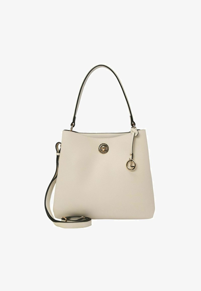 Beige leren handtas met een gestructureerde vorm, een afneembare schouderriem en accenten van goudkleurige hardware. Voorzien van een ronde logodetail.