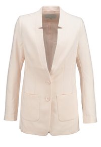 Light pink blazer with a fitted design, two front pockets, and a notched lapel. Button closure at the waist; smooth fabric texture.