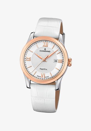 Runder silberner Edelstahl-Uhr mit roségoldenen Akzenten, weißem strukturiertem Zifferblatt, römischen Ziffern und einem weißen Krokodillederarmband.