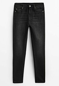 Jean noir slim avec cinq poches, passants de ceinture et fermeture par bouton, présenté à plat sur fond blanc.