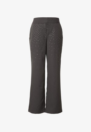 Grijze wijde broek met een gladde textuur, voorzien van een subtiel ontwerp van kleine zilveren studs geconcentreerd rond het bovenste gedeelte.