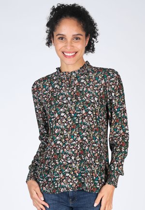 Long-sleeve blouse with a high neckline, featuring a multicolor floral pattern on a dark background, made of lightweight fabric.