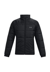 Czarna puchowa kurtka z wysokim kołnierzem, zamkiem błyskawicznym z przodu i elastycznymi mankietami. Posiada przeszywane panele oraz małe logo na lewej piersi.