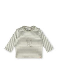 Langarmshirt mit hellgrünen Streifen aus weichem Stoff, mit einem kleinen, gestickten Mausmotiv und Druckknöpfen an der Schulter.