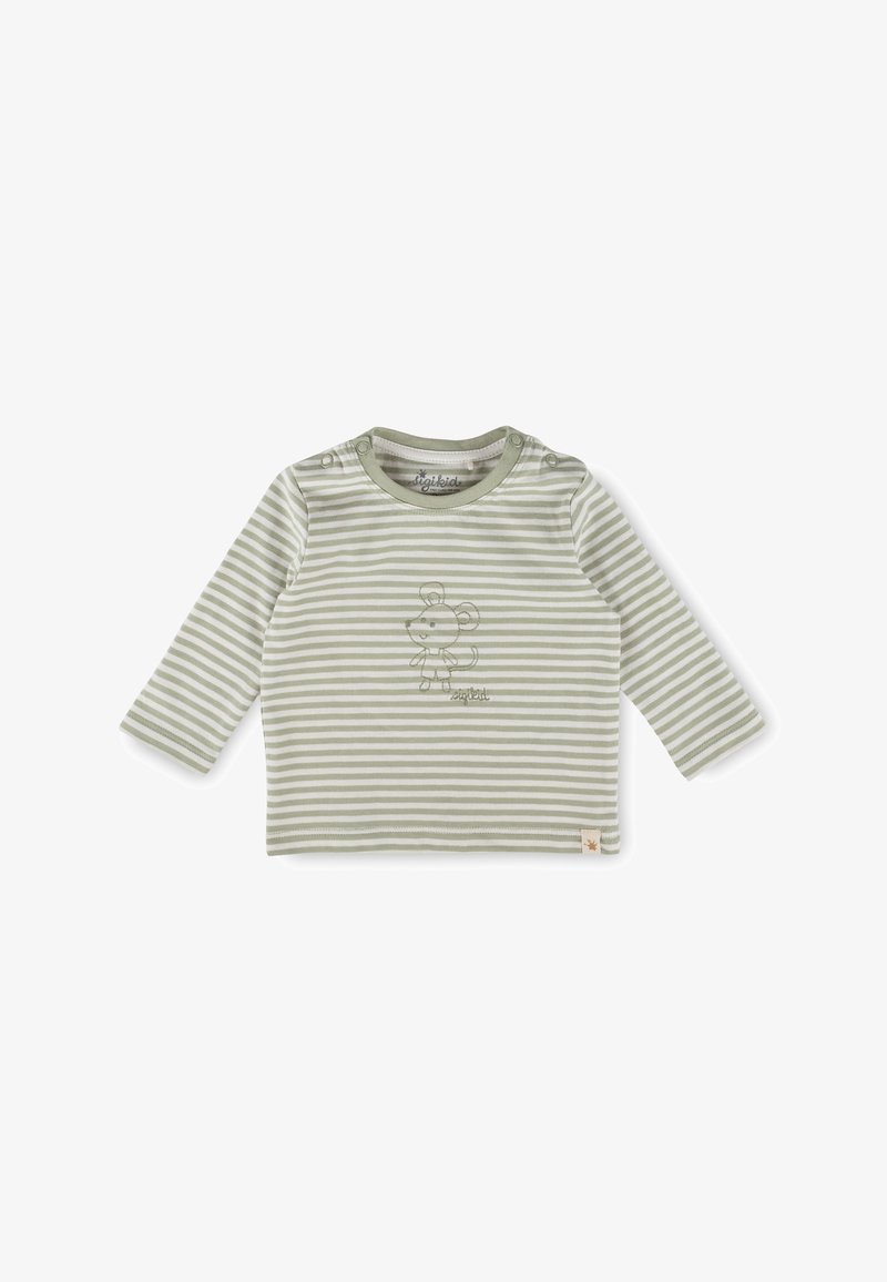Langarmshirt mit hellgrünen Streifen aus weichem Stoff, mit einem kleinen, gestickten Mausmotiv und Druckknöpfen an der Schulter.