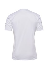 Witte sportieve korte mouw trui, ronde halslijn, gladde stof, met zwarte logo-accenten op de mouwen, eenvoudig ontwerp en een getailleerde pasvorm.