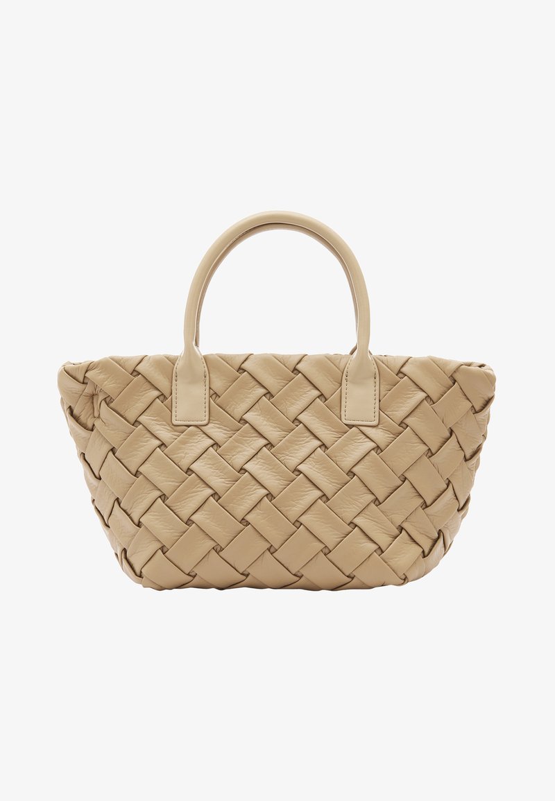 Woven leather handbag in light beige with rounded handles and a tapered shape. Features a textured exterior with a braided design.
