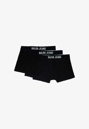 Set di tre slip boxer neri realizzati in tessuto morbido, con un ampio elastico in vita che presenta il logo "Salsa Jeans" in bianco.