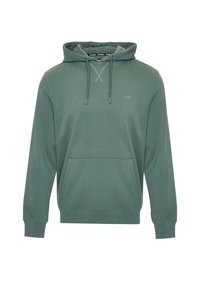Zelená mikina s kapucí a přední kapsou ve stylu kangaroo, stahovací šňůrkou, žebrovanými manžetami a malým vyšitým logem na prsou.