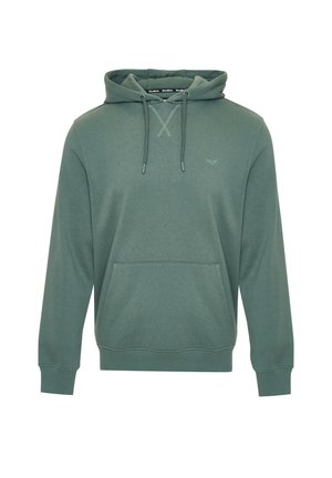 Groene sweater met capuchon, een voorzak in kangoeroestijl, een trekkoord in de capuchon, ribbelmanchetten en een klein geborduurd logo op de borst.