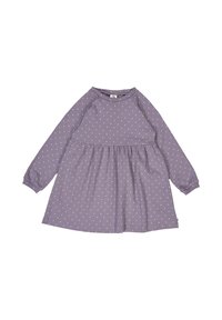 Violetti pitkähiha dressi, jossa on pyöreä pääntie, kermansävyisiä pilkkuja ja laskostettu hame. Valmistettu pehmeästä, tekstuuritetusta kankaasta.