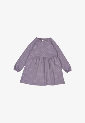 Langes, lila Kleid mit langen Ärmeln und Rundhalsausschnitt, verziert mit creamfarbenen Punkten und einem gerafften Rock. Hergestellt aus weichem, strukturiertem Stoff.