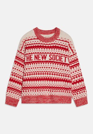 Pletený sveter s červeným a krémovým vzorovaným dizajnom a textom "THE NEW SOCIETY", okrúhlym výstrihom a rebrovanými manžetami a lemom.
