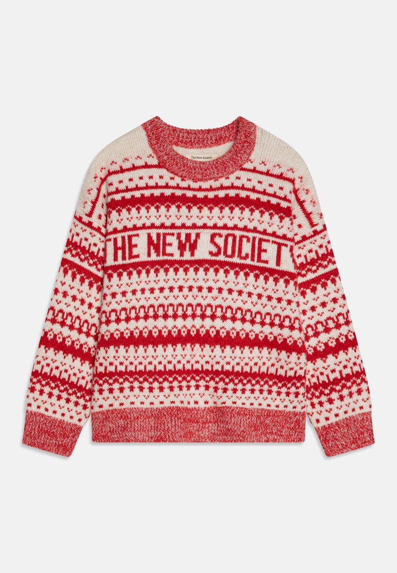 Pulover tricotat cu un design în carouri roșu și crem, având textul "THE NEW SOCIETY", guler rotund și manșete și tiv din tricot rib.