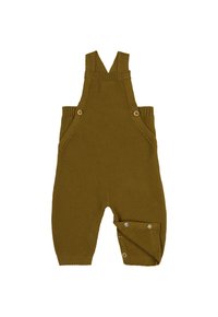 Strikkede olivengrønne overalls med justerbare stropper, træknapdetaljer og sidelommer. Har trykknaplukning i bunden for nem påklædning.