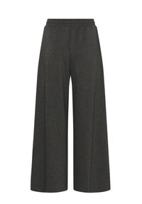 Pantalons larges, gris foncé, en tissu doux et texturé. Dotés d'une taille élastique et d'une coupe décontractée pour plus de confort.