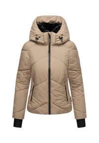 Beige pufferjack met een hoge kraag, zwarte voering, diagonale gestikte patroon, rits aan de voorkant en zijzakken met ritsen.