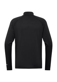 Schwarzer Pullover mit langen Ärmeln aus strukturiertem Material, mit hohem Kragen und Raglanärmeln, die dezente Nähte aufweisen.