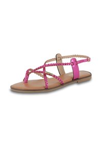Sandalo con cinturino intrecciato rosa, dotato di una suola piatta, design aperto e cinturino alla caviglia regolabile con dettagli metallici.