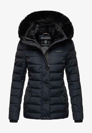 Marinblå pufferjacka med en faux fur-huva, quiltad textur, dragkedja och knappar framtill, sidofickor och varumärkesdetaljer.