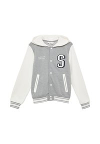 Veste varsity à capuche gris et blanc avec un écusson en forme de lettre "S", texte brodé, poches avant et poignets et ourlet à rayures côtelées.