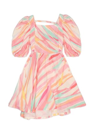 Robe à manches bouffantes et encolure carrée, présentant un motif de rayures abstraites en rose pastel, orange, jaune et vert menthe.