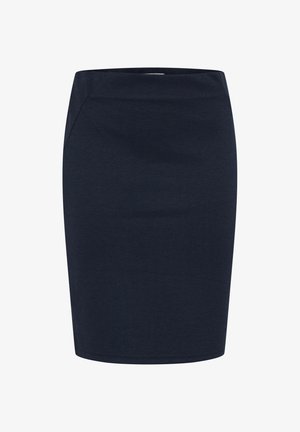 Fustă tip creion de culoare bleu marin, realizată dintr-un material neted. Prezintă o siluetă ajustată, cu un brâu ascuns și fără închizători vizibile.