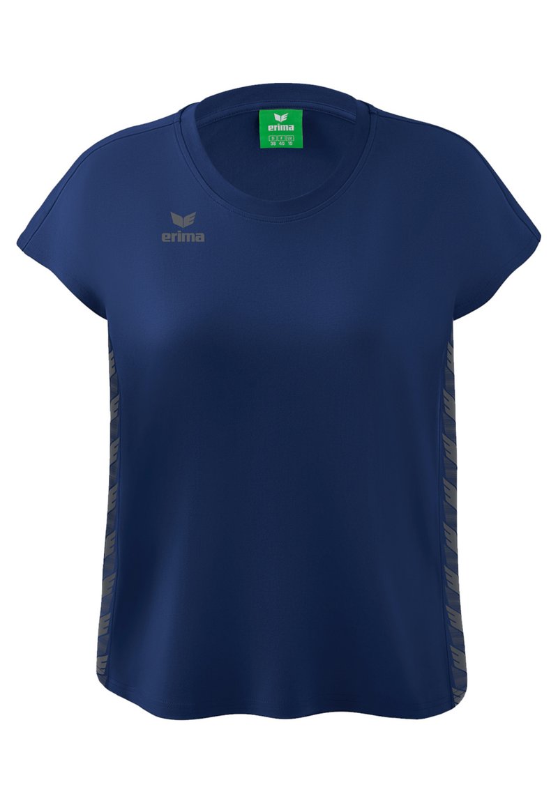Navy blue short-sleeve sports shirt with a round neckline. Features a smooth texture and light brown accents along the sides. Logo on the front.