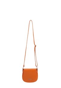 Orange leather crossbody bag with a rounded bottom, adjustable strap, and embossed logo on the front. Textured finish adds depth.