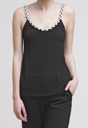 Zwarte mouwloze top met een brede ronde halslijn, voorzien van een lichtblauwe gevlochten rand langs de halslijn. Zachte, lichte stof.