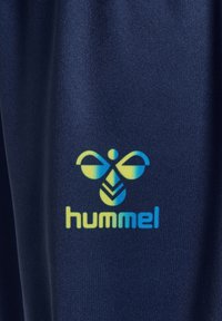 Marine sportstof met een gradient logo in blauw en lichtgroene tinten, waarop de merknaam "hummel" staat onder een gestileerd ontwerp.