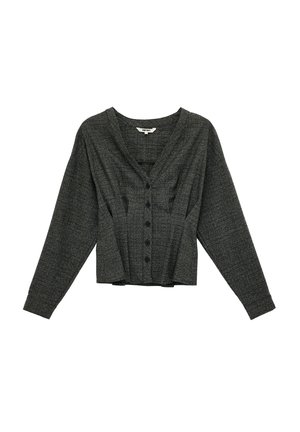 Ciemnoszary kraciasty kardigan zapinany na guziki z długim rękawem, dekoltem w serek i lekko marszczoną talią, rozłożony na płasko na białym tle.