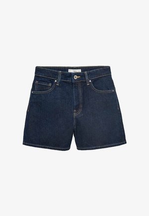 Denim shorts in dark blue, featuring a fitted waistband, five-pocket design, and contrasting stitching around edges. Classic button closure.