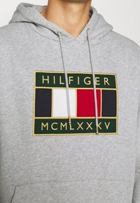 Detailní záběr na šedou mikinu s kapucí, která má zeleně lemovaný obdélníkový logo s černými, bílými a červenými bloky, textem "HILFIGER" a římskými číslicemi.