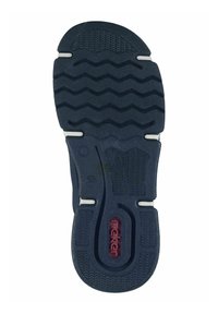 Blue rubber shoe sole with a zigzag tread pattern, white accents, and a red logo. Textured surface enhances grip and stability.