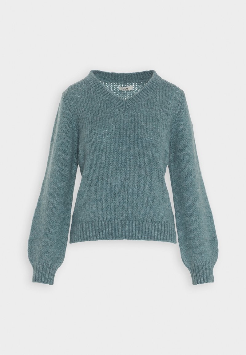 Pull en tricot bleu doux avec de longues manches ballon et un col en V sur un fond uni.