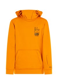 Oranžová mikina s kapucňou a predným vreckom, na ktorej sa nachádza čierny grafický motív hory a logo detail na hrudi a rukáve. Mäkko. 