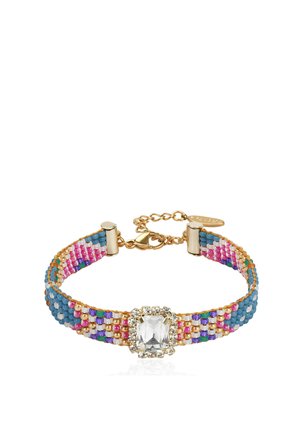 Beaded bracelet with blue, pink, purple, and gold beads, featuring a large clear rectangular gemstone surrounded by smaller crystals.