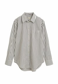Camicia a maniche lunghe in bianco e marrone scuro a righe verticali. Caratterizzata da un'apertura con bottoni, colletto e una tasca sul petto. Orlo curvo.
