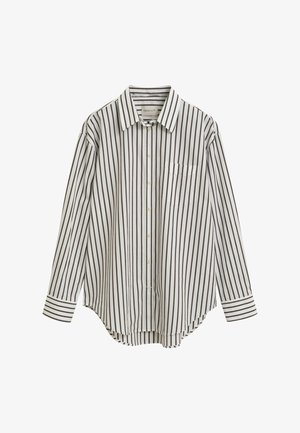 Langarmshirt in wit met donkerbruine verticale strepen. Voorzien van een knoopsluiting aan de voorkant, kraag en een zak op de borst. Afgeronde zoom.