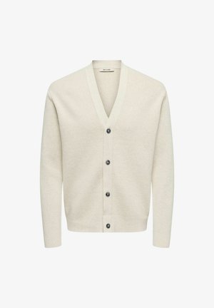 Cardigan beige chiaro realizzato in tessuto morbido, con scollo a V, sei bottoni neri e maniche lunghe. Tessuto liscio senza motivi visibili.