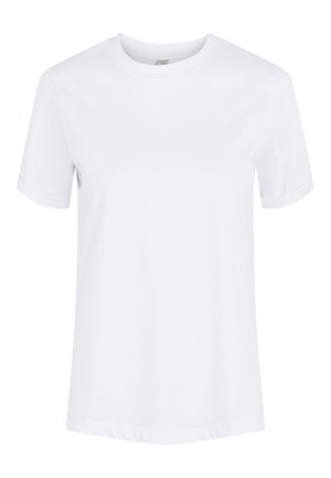 Camiseta de algodón blanca lisa de manga corta con cuello redondo y dobladillos de las mangas doblados, mostrada sobre un fondo blanco liso.